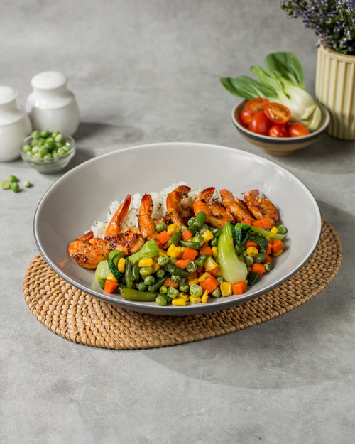 GRILLED SHRIMP WITH ASPARAGUS & CORN RICE — 35G PROTEIN
